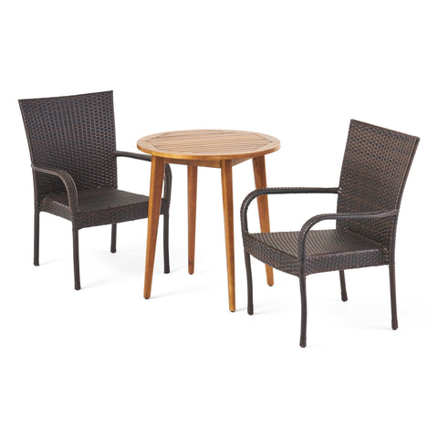 Abel Outdoor Acacia Wood and Wicker 3 Piece Bistro Set, Teak and Multibrown