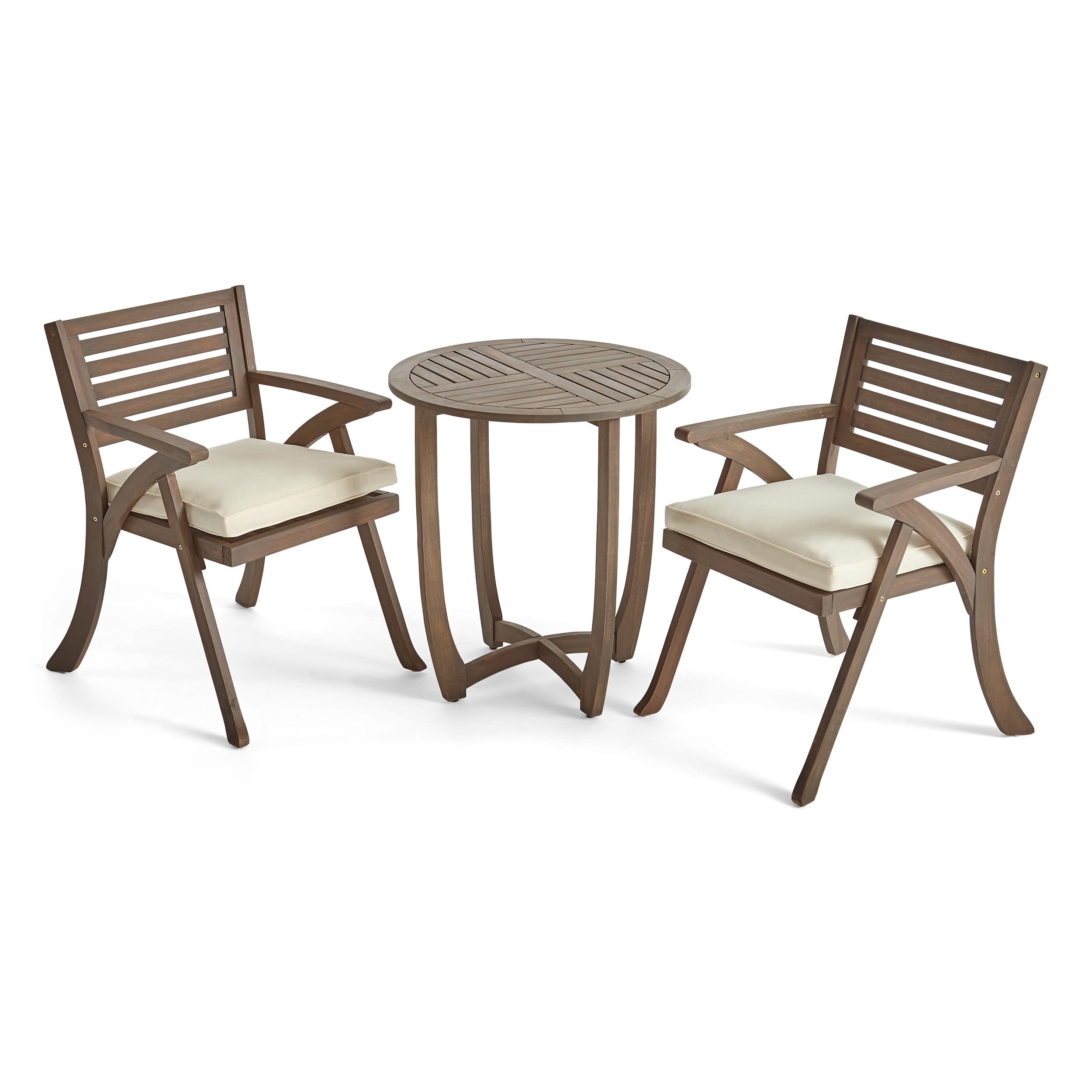 Baia Outdoor Acacia Wood 3 Piece Bistro Set with Cushion, Gray and Cream