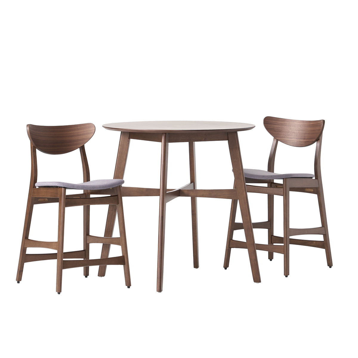 Cedric Mid Century Modern Fabric Upholstered Counter Height 3 Piece Bistro Set, Dark Gray and Walnut