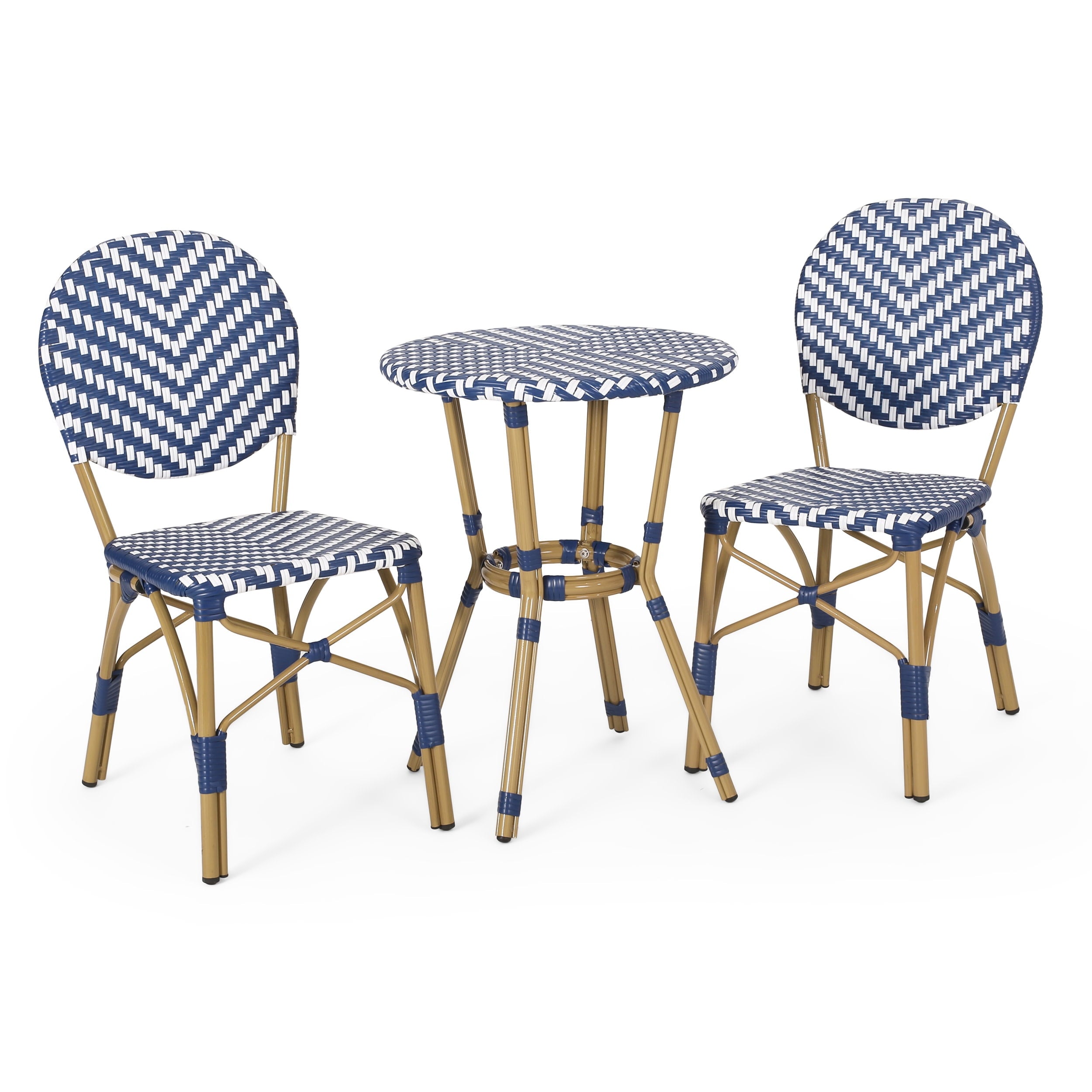 Deshler Outdoor Aluminum 3 Piece French Bistro Set, Navy Blue, White, and Bamboo Finish