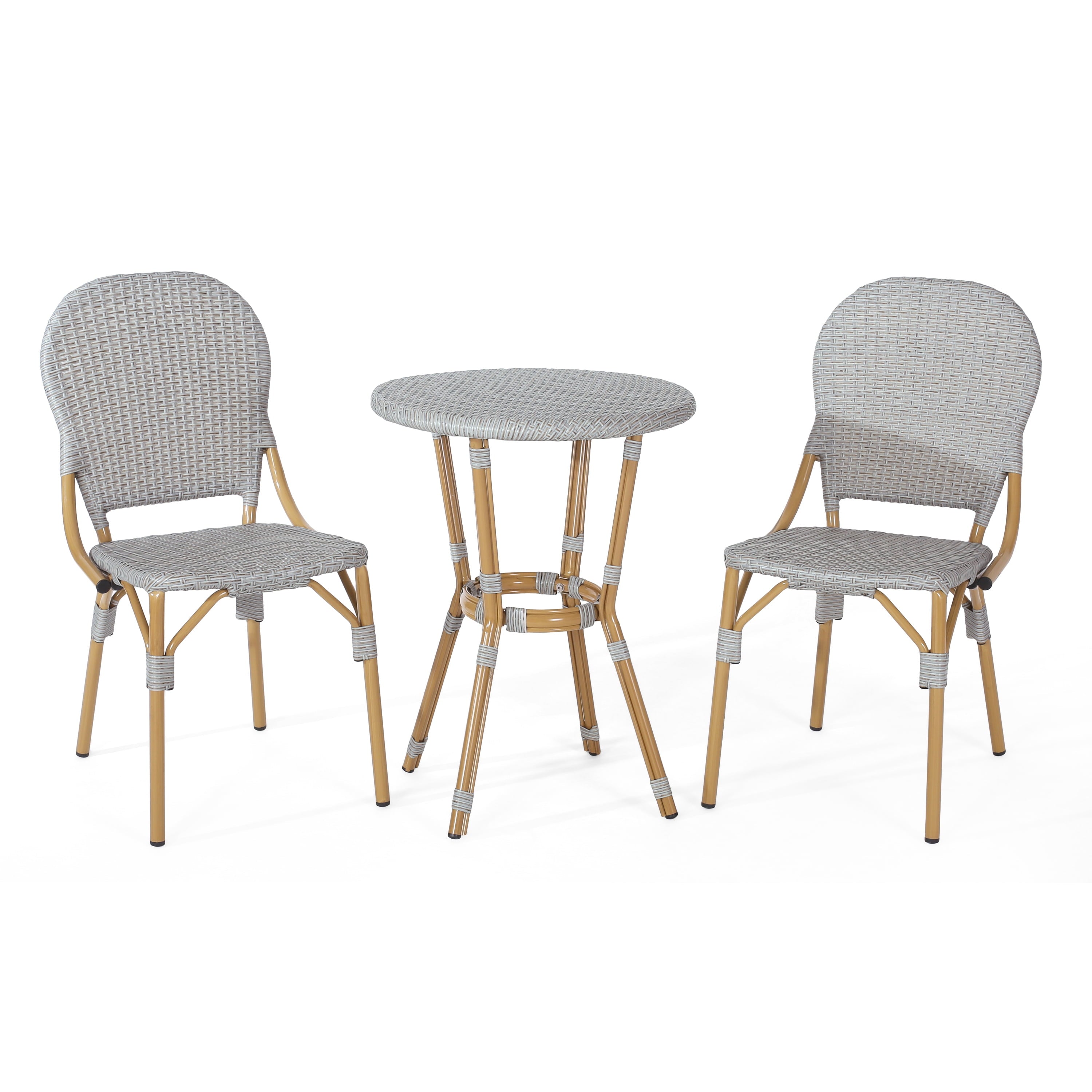 Gallia Outdoor Aluminum 3 Piece French Bistro Set, Gray and Bamboo Finish