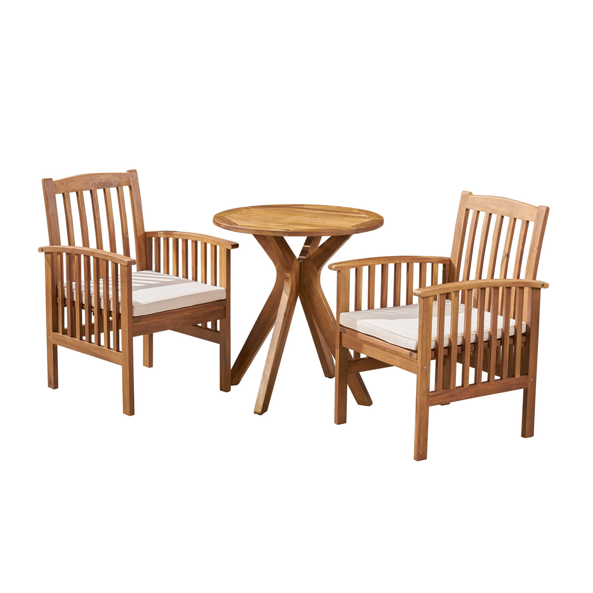 Genois Outdoor Acacia Wood 3 Piece Bistro Set with Cushion, Teak and Cream