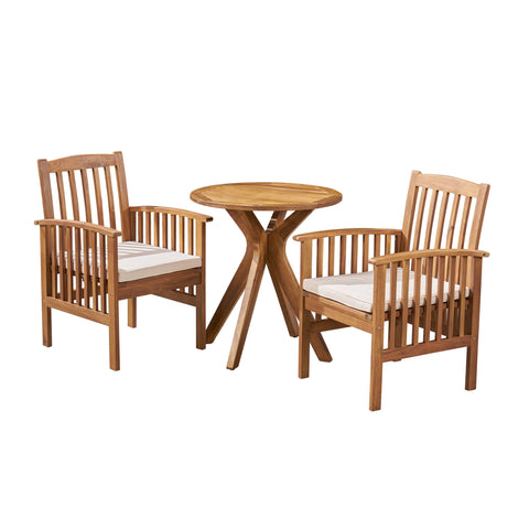 Genois Outdoor Acacia Wood 3 Piece Bistro Set with Cushion, Teak and Cream