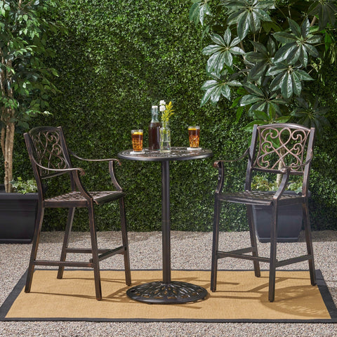 Lovell Outdoor Cast Aluminum 3 Piece Bistro Bar Set, Copper