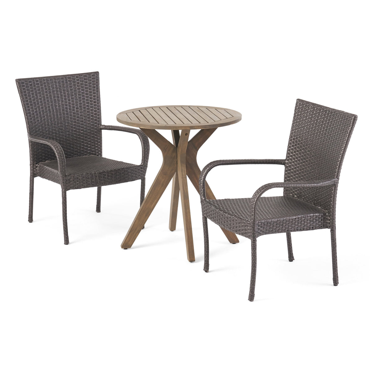 Martinique Outdoor Acacia Wood and Wicker 3 Piece Bistro Set, Gray