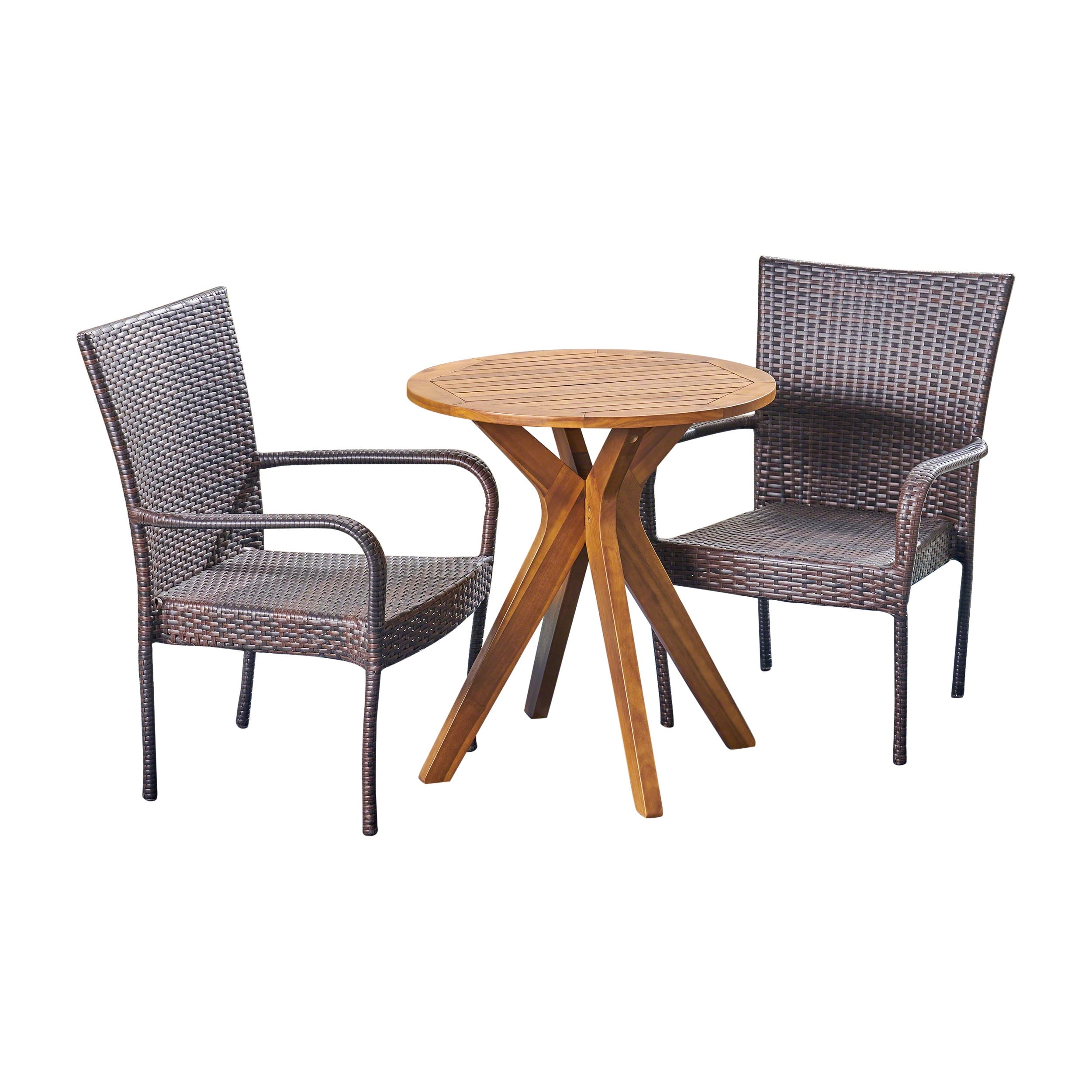 Martinique Outdoor Acacia Wood and Wicker 3 Piece Bistro Set, Teak and Multibrown