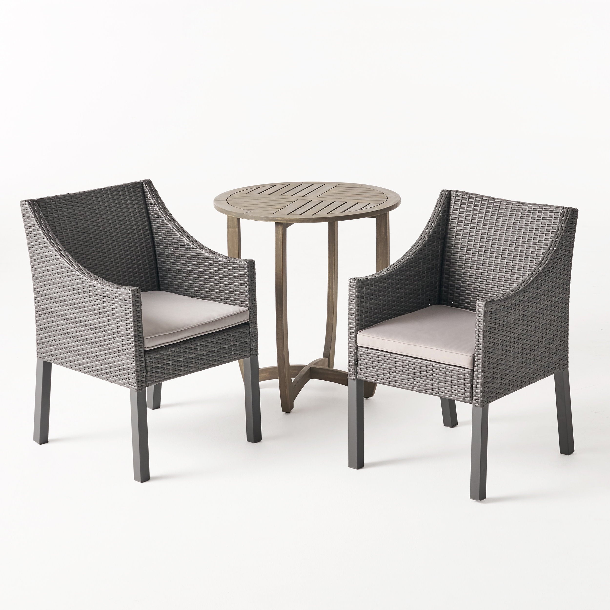 Naper Outdoor Acacia Wood and Wicker 3 Piece Bistro Set with Cushions, Gray and Light Gray