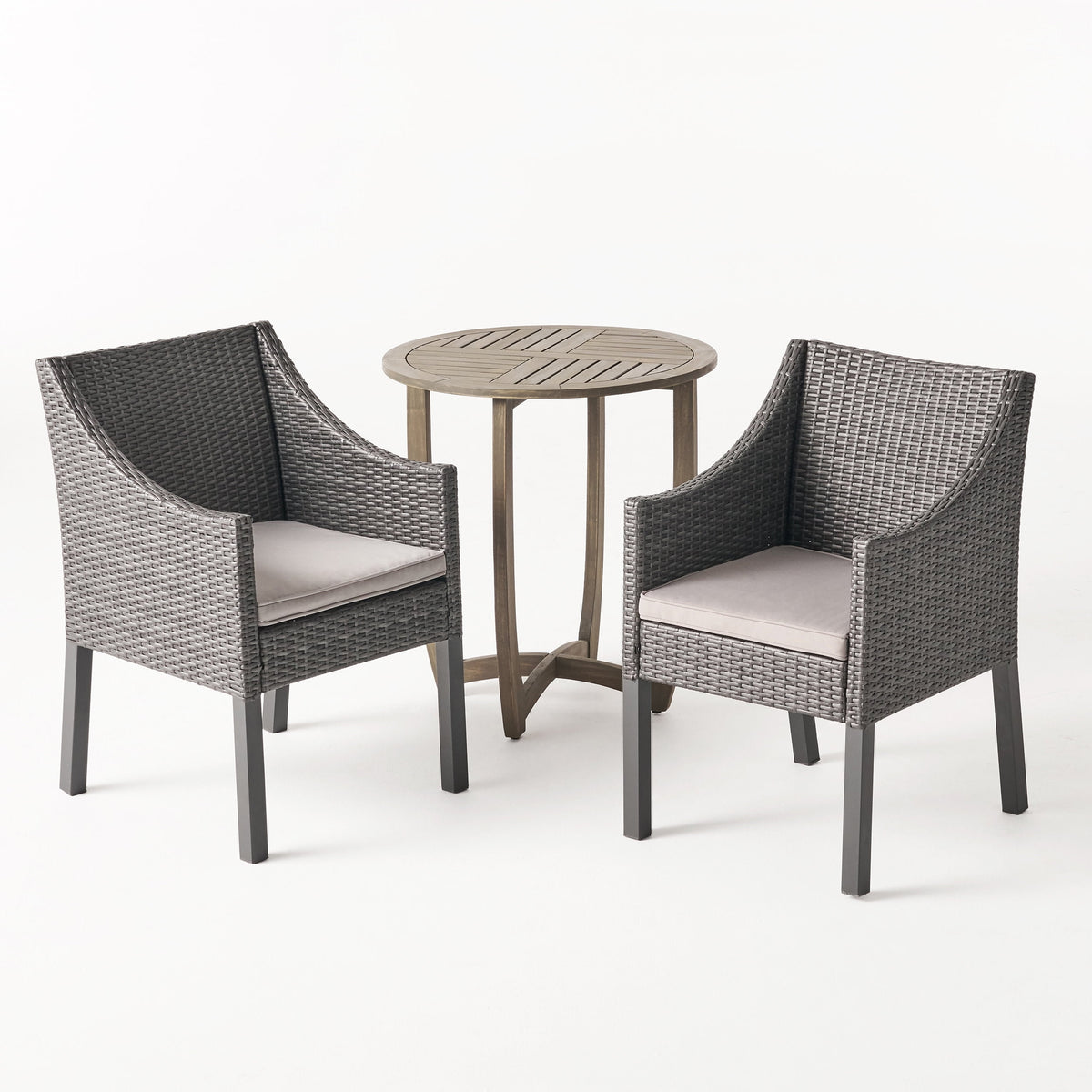 Naper Outdoor Acacia Wood and Wicker 3 Piece Bistro Set with Cushions, Gray and Light Gray