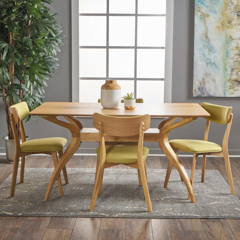 Banbury Mid Century Modern 5 Piece Wood Dining Set, Natural Oak, Green Tea