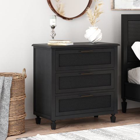 Thurber Acacia Wood and Cane 3 Drawer Dresser, Dark Gray