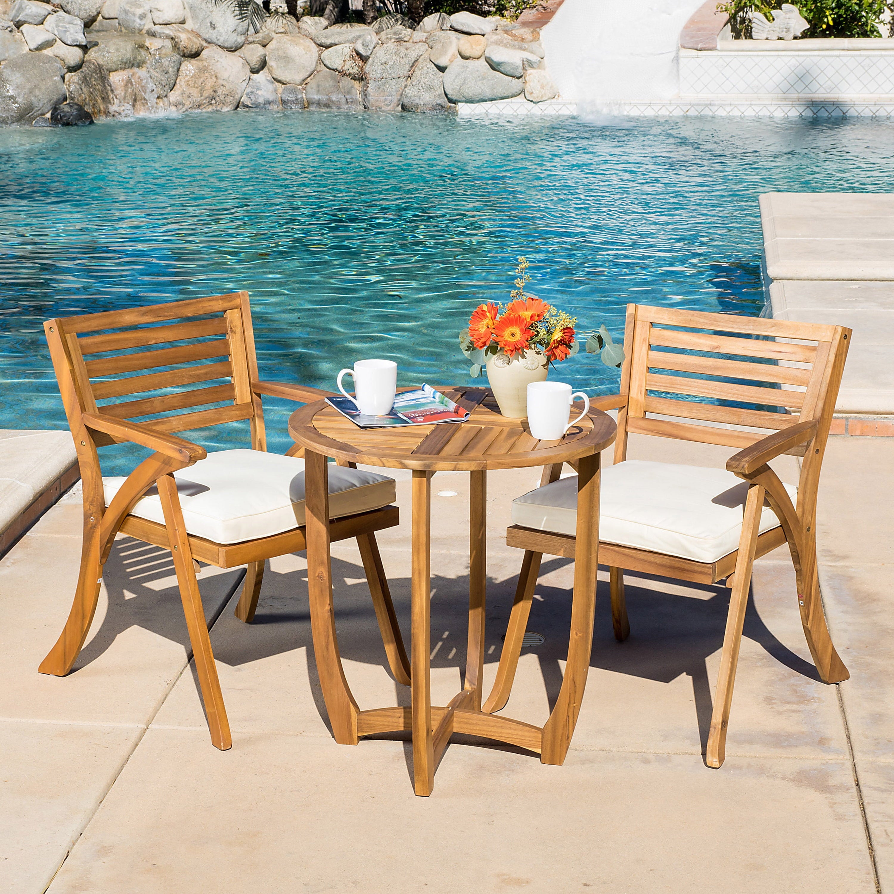 Baia Outdoor Acacia Wood 3 Piece Bistro Set with Cushion, Teak and Cream