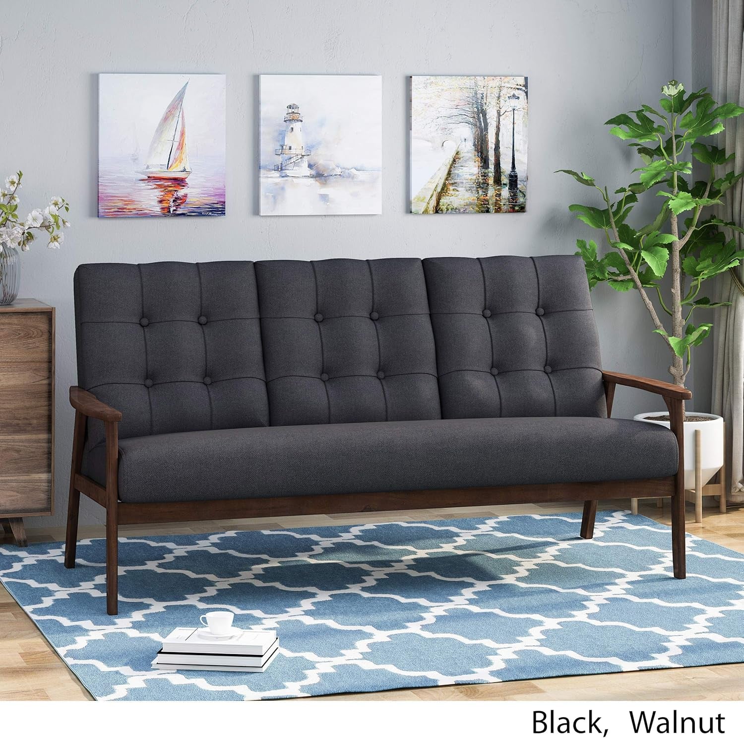 Athena Mid Century Waffle Stitch Tufted Accent Sofa with Rubberwood Legs-Black and Walnut Finish