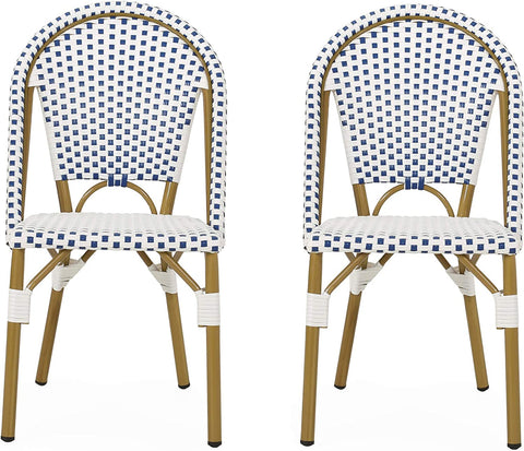 Philomena Outdoor French Bistro Chair (Set of 2), Blue + White + Bamboo Print Finish