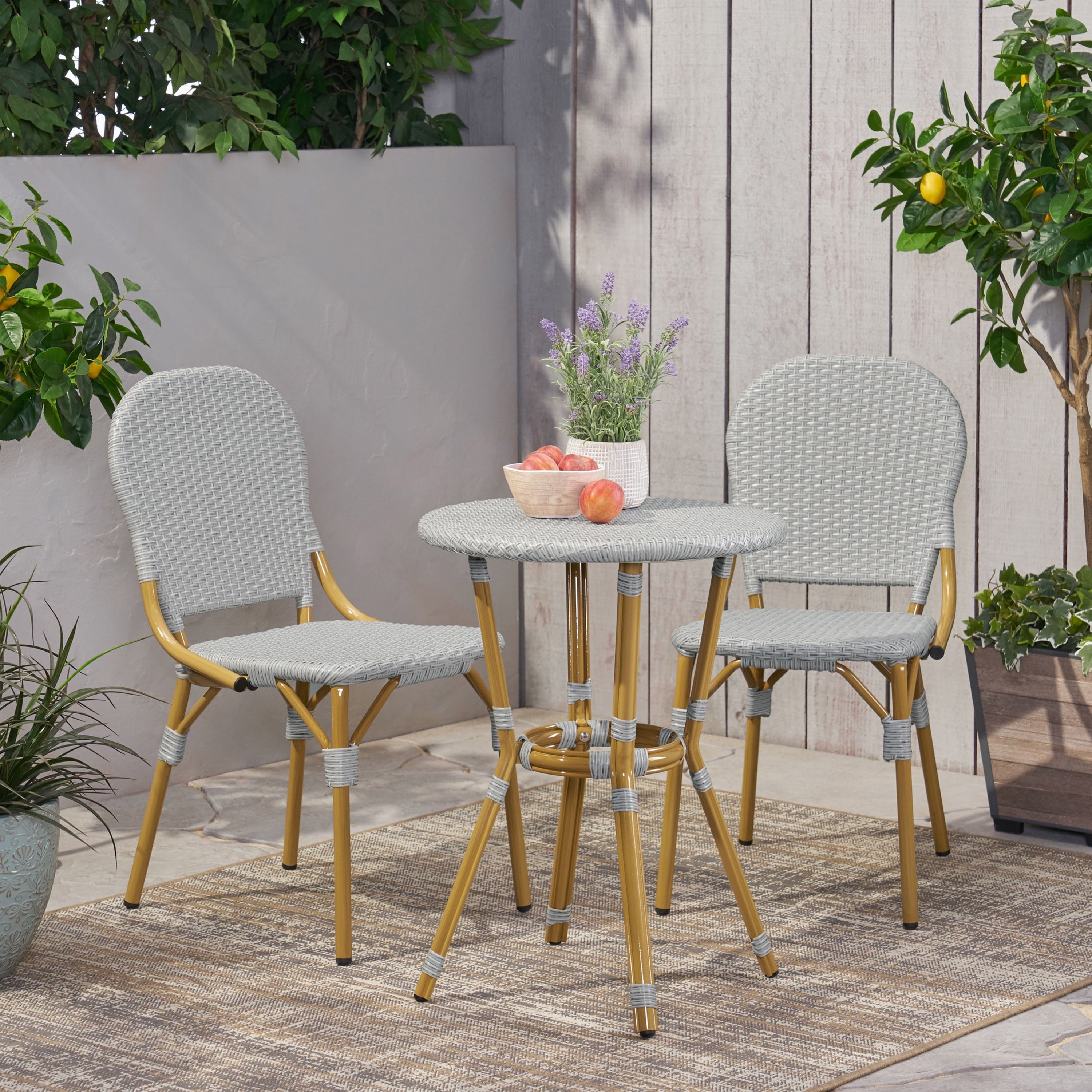 Gallia Outdoor Aluminum 3 Piece French Bistro Set, Gray and Bamboo Finish