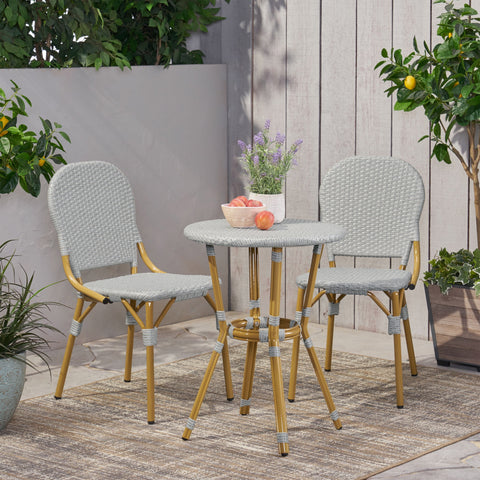 Gallia Outdoor Aluminum 3 Piece French Bistro Set, Gray and Bamboo Finish