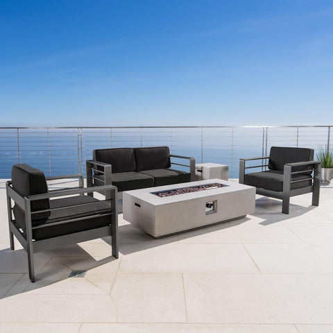 Cape Coral Outdoor Aluminum 5 Piece Conversation Set with Water Resistant Cushions and Rectangular Fire Table, 56.75 "W X 27.5 "D X 24.5 "H, Gray + Dark Gray + Light Gray