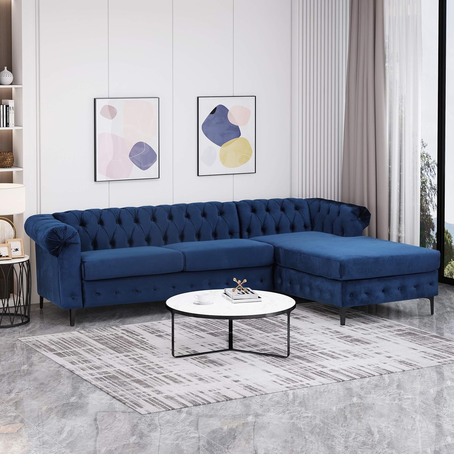 Frieda Velvet 3 Seater Sectional Sofa with Chaise Lounge, Midnight Blue, Black