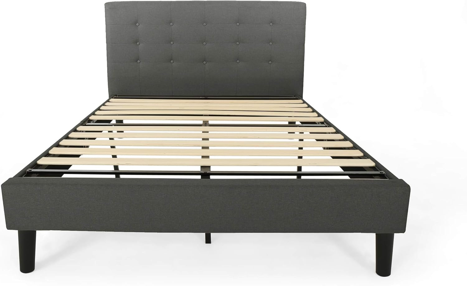 Gloria Fully-Upholstered Queen-Size Platform Bed Frame, Modern, Contemporary, Low-Profile, Charcoal Gray