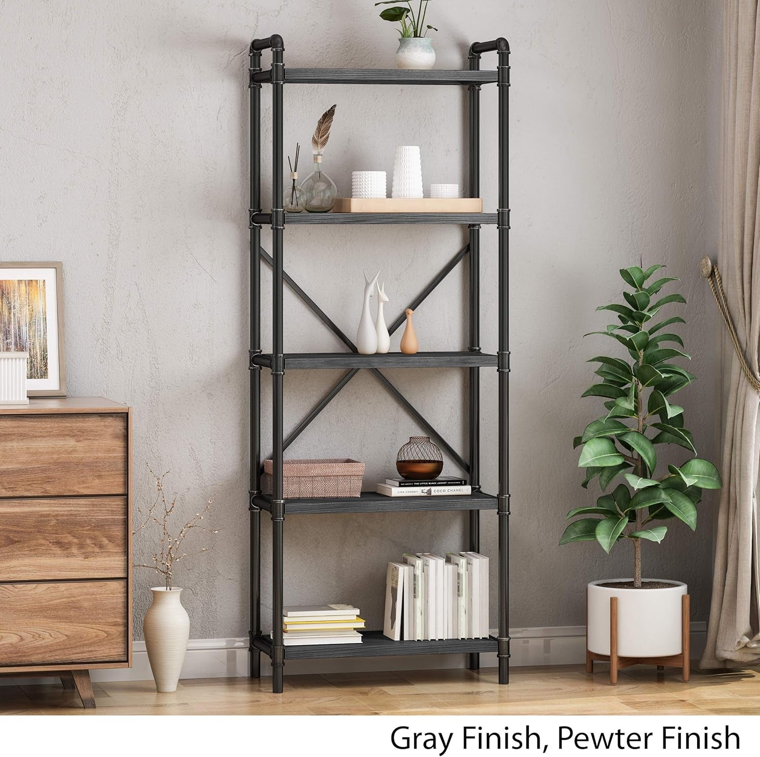 Lina Industrial Iron Five Shelf Bookcase, Gray and Pewter Finish