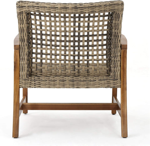 Hampton Outdoor Mid-Century Wicker Club Chairs with Acacia Wood Frame, 2-Pcs Set, Natural Stained / Grey