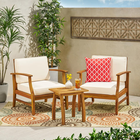 Perla Outdoor 2 Seater Acacia Wood Bistro Set with Cushions, 28.25 "W X 28 "D X 32.75 "H, Teak + Cream