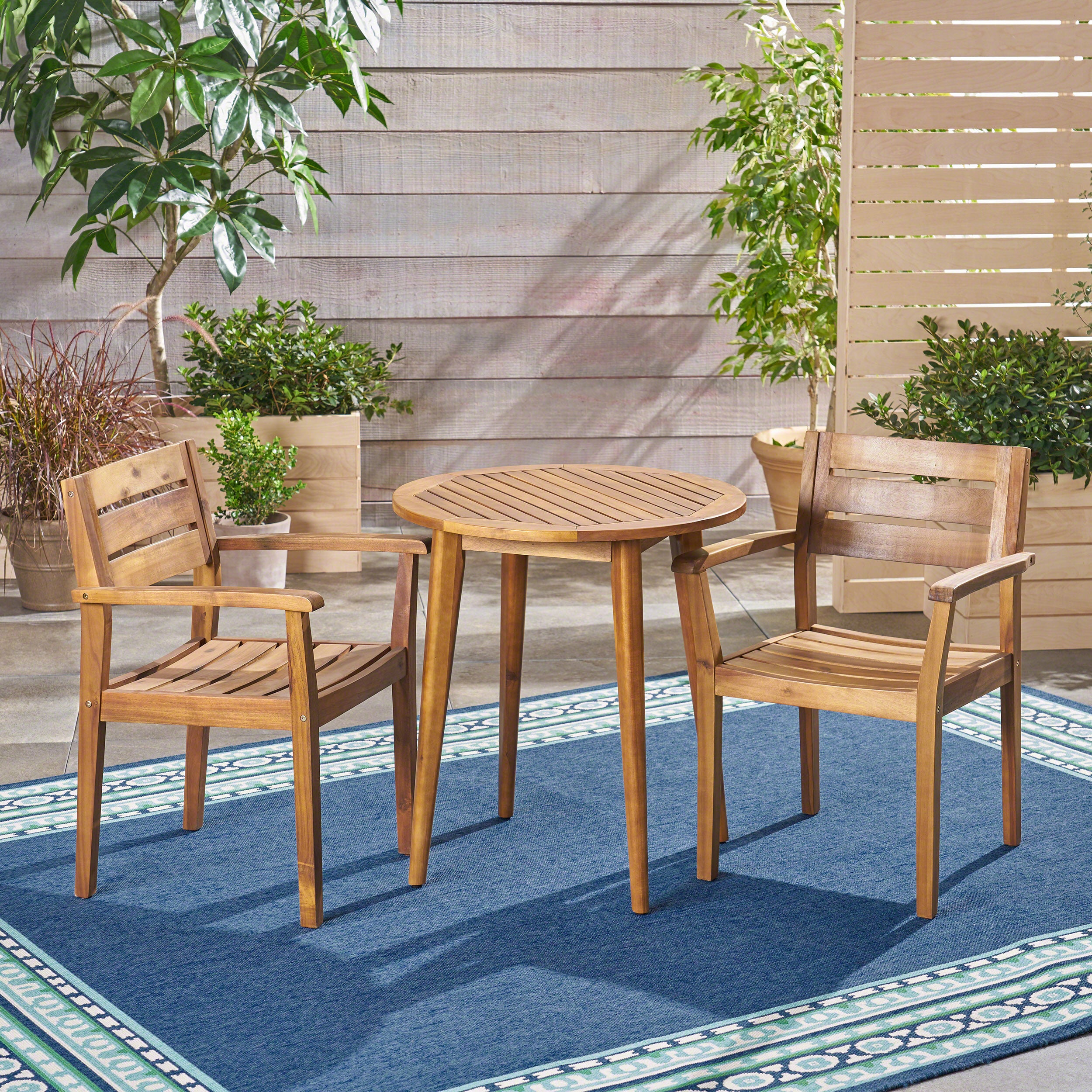 Cassell Outdoor 3 Piece Acacia Wood Bistro Set, Teak