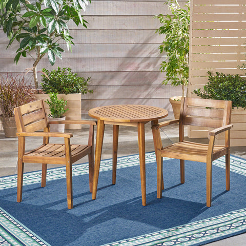 Cassell Outdoor 3 Piece Acacia Wood Bistro Set, Teak