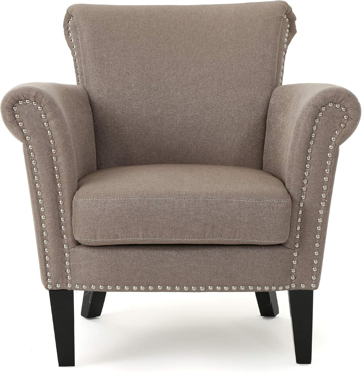 Brice Vintage Scroll Arm Studded Fabric Club Chair, Light Coffee / Dark Brown, 31D X 29.5W X 31.5H In