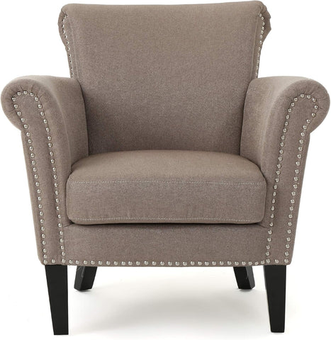 Brice Vintage Scroll Arm Studded Fabric Club Chair, Light Coffee / Dark Brown, 31D X 29.5W X 31.5H In