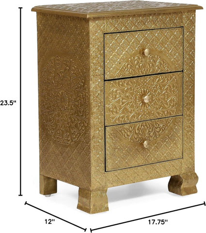 Upson Handcrafted Boho 3 Drawer Nightstand, Gold