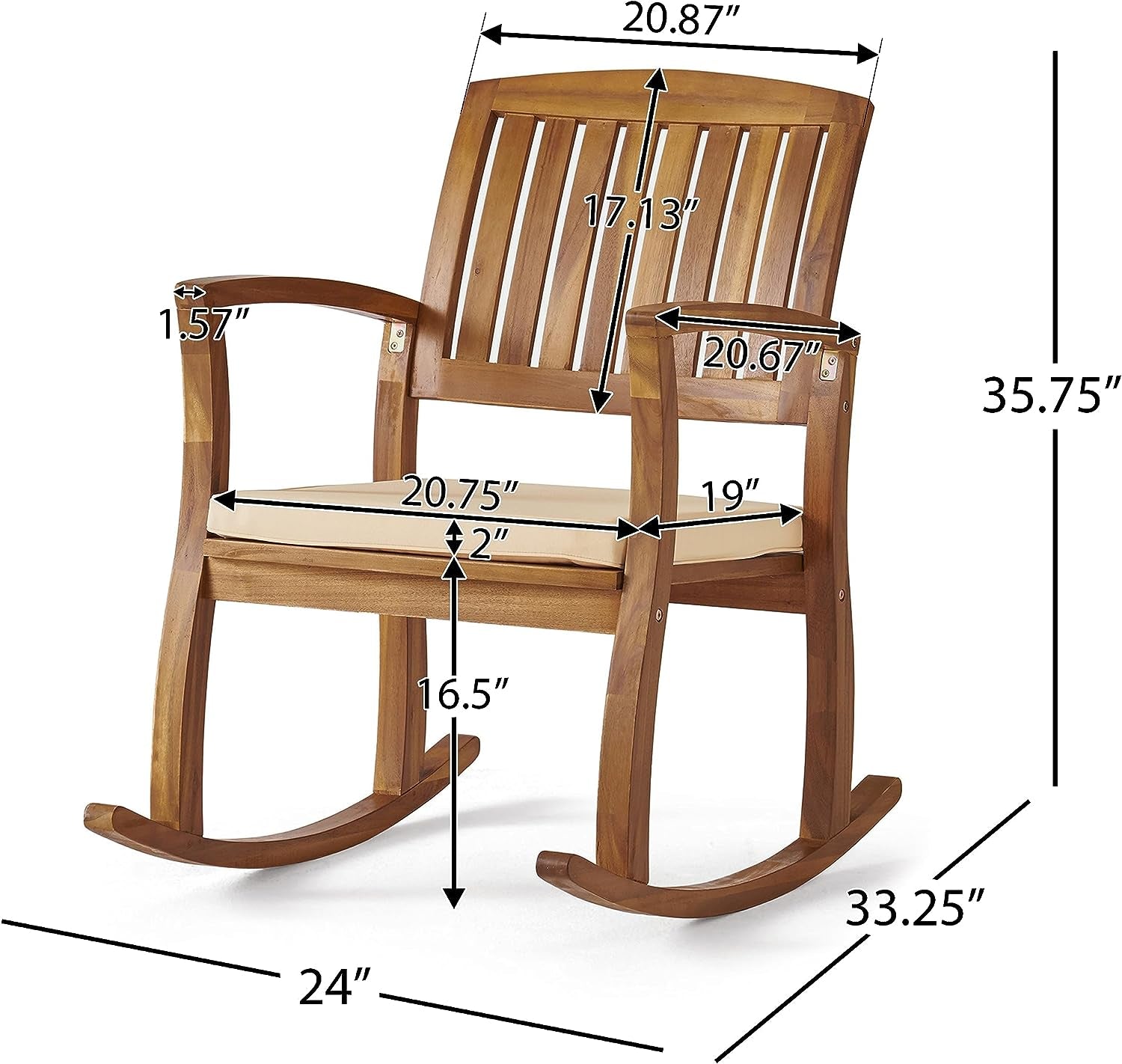 Selma Acacia Rocking Chairs with Cushions, 2-Pcs Set, Teak Finish