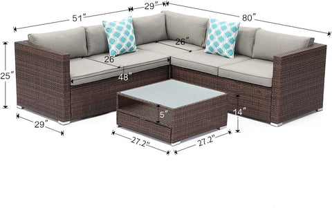 4-Piece Outdoor Furniture Set All-Weather Brown Wicker Sectional Sofa W Warm Gray Thick Cushions, Glass Coffee Table, 2 Teal Pattern Pillows