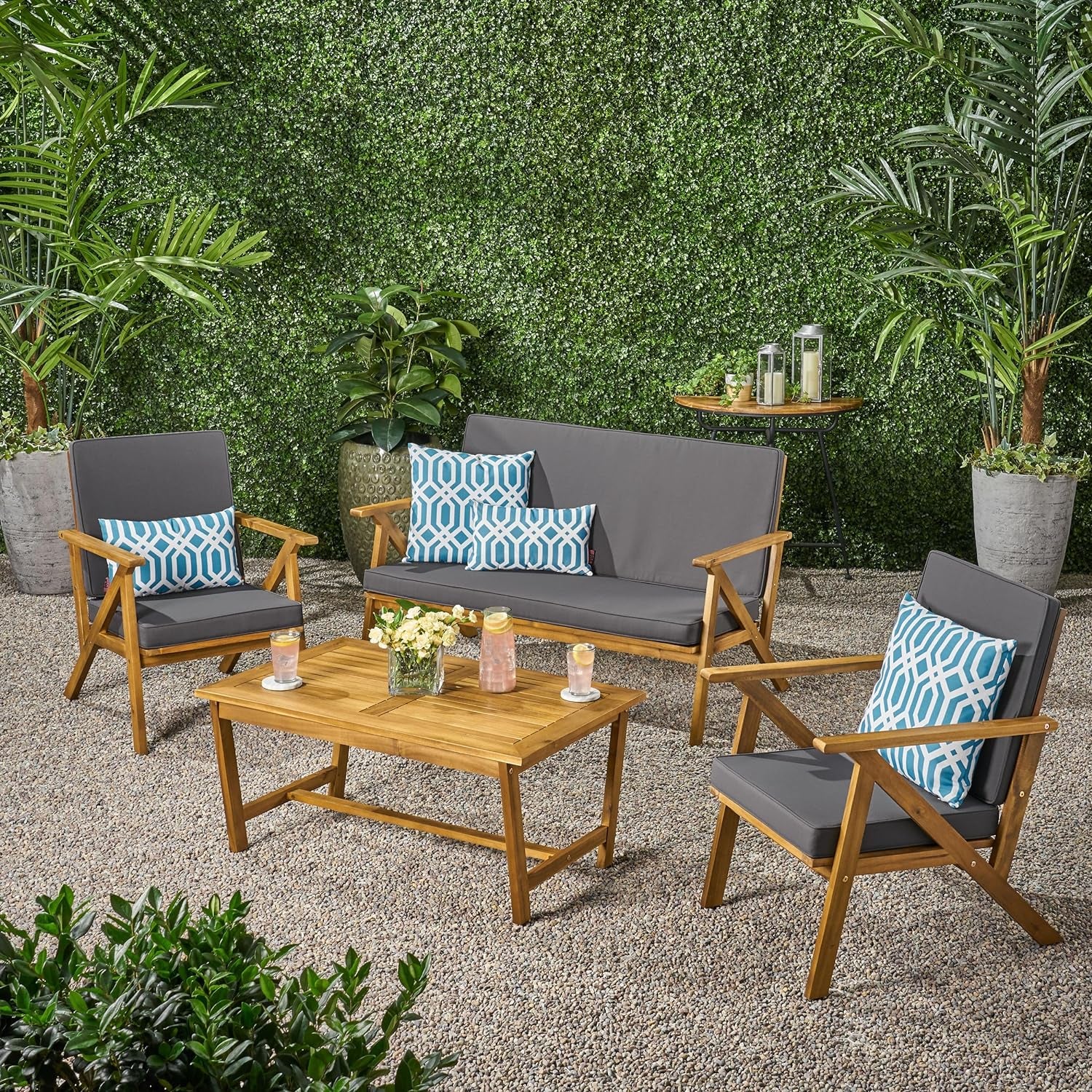 Panama Outdoor Acacia Wood Chat Set with Water Resistant Cushions, 4-Pcs Set, Teak Finish / Grey