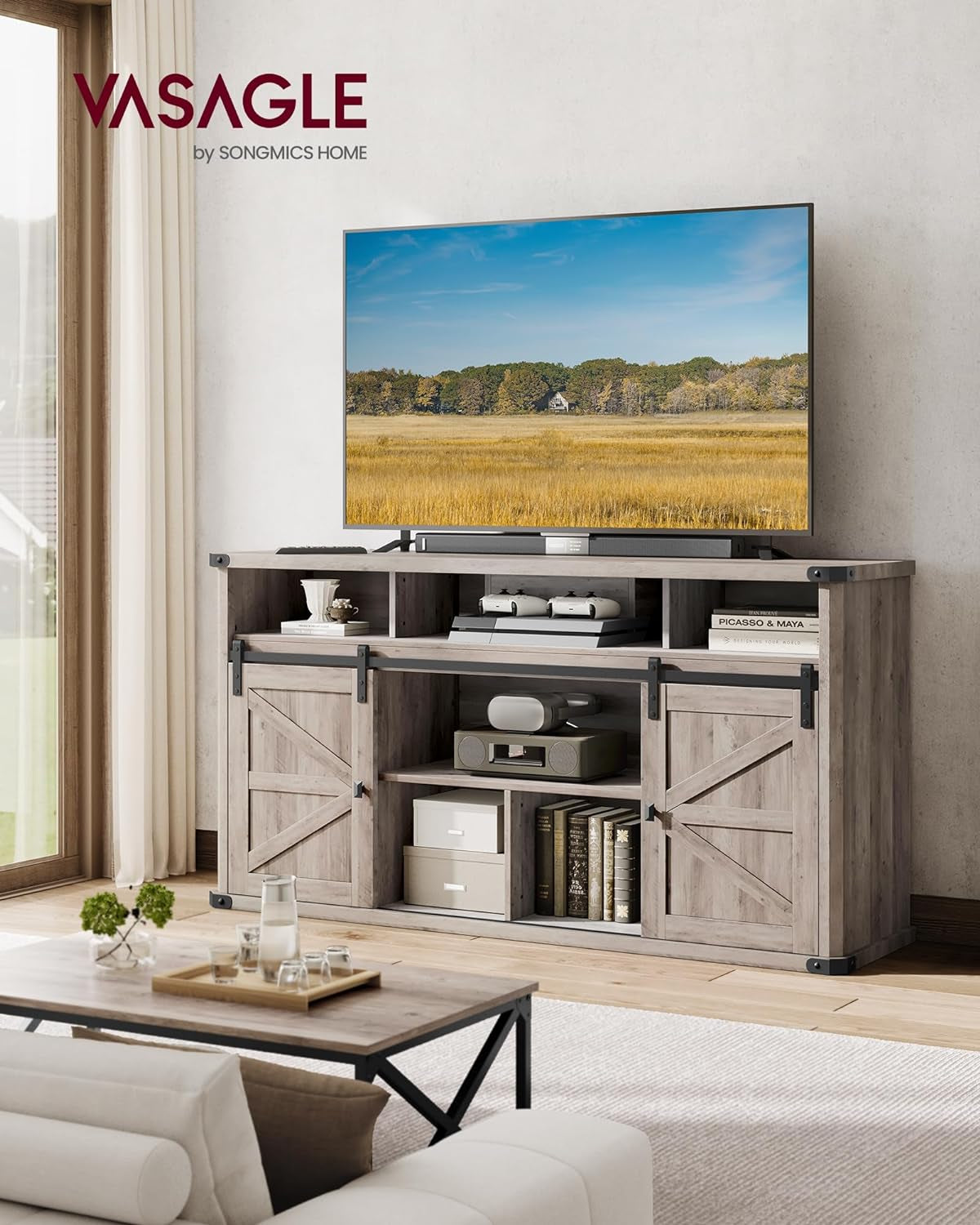 TV Stand for Tvs up to 65 Inches, Farmhouse Entertainment Center with Sliding Barn Doors, TV Console Table for Living Room, Heather Greige ULTV322K02