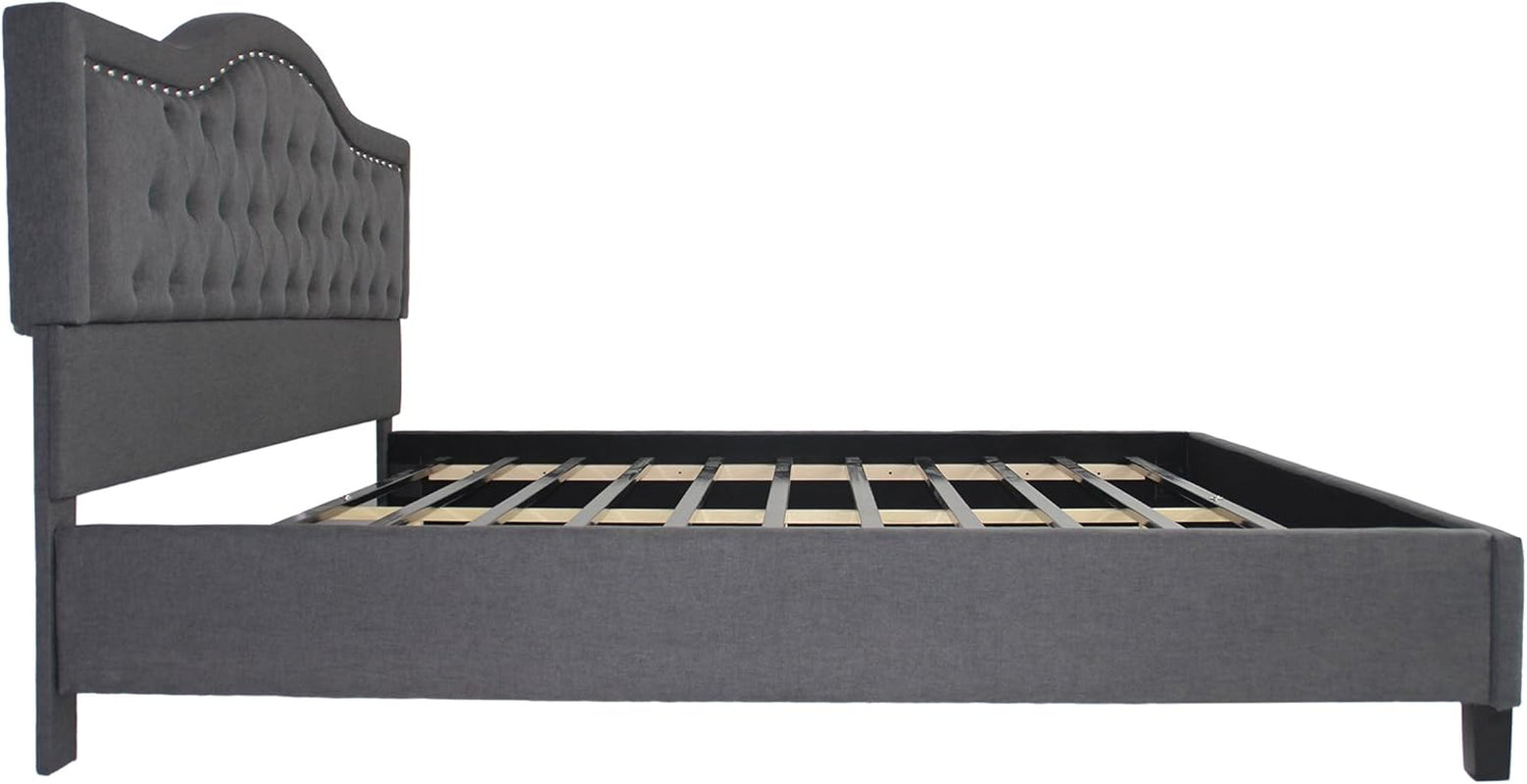 Margaret Fully-Upholstered Traditional King-Sized Bed Frame, Dark Gray, Brown