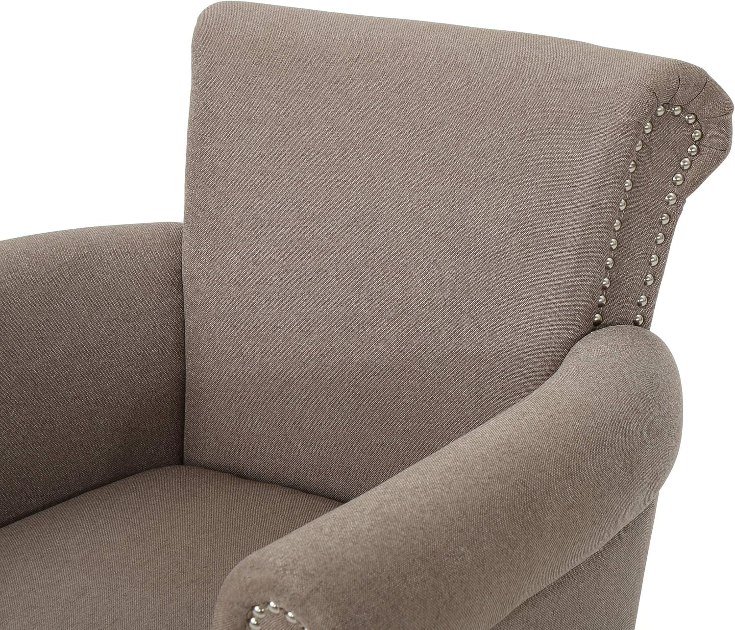 Brice Vintage Scroll Arm Studded Fabric Club Chair, Light Coffee / Dark Brown, 31D X 29.5W X 31.5H In