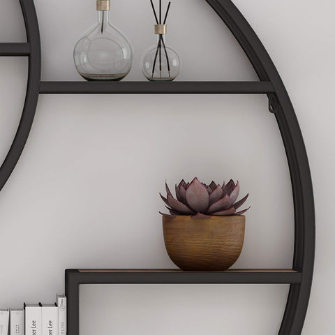 Bobby Industrial Hanging Circular 8 Shelves, Wall Shelf, Black Finish, Natural