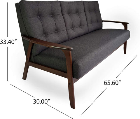 Athena Mid Century Waffle Stitch Tufted Accent Sofa with Rubberwood Legs-Black and Walnut Finish