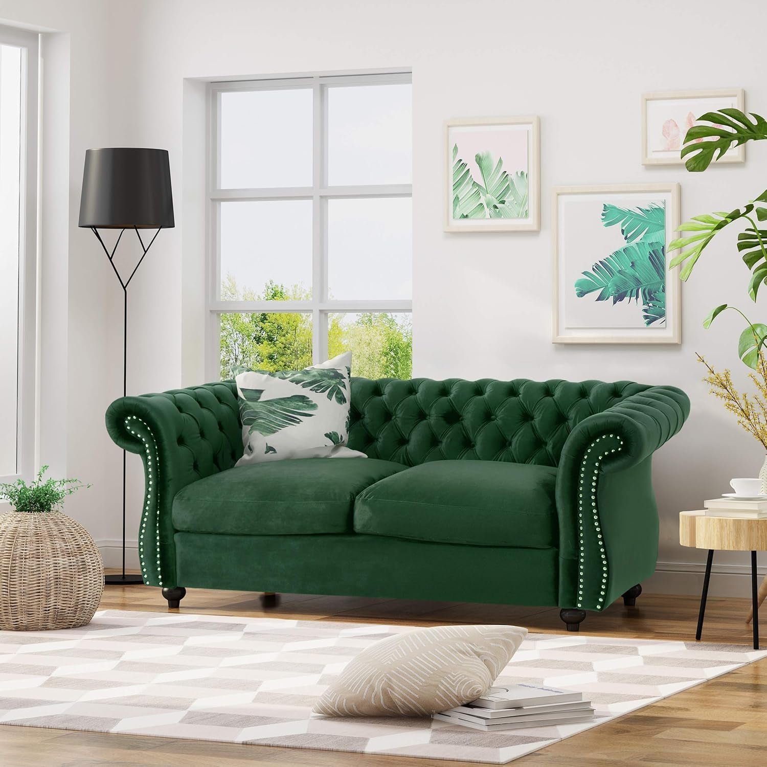 Karen Traditional Chesterfield Loveseat Sofa, Emerald and Dark Brown, 61.75 X 33.75 X 27.75