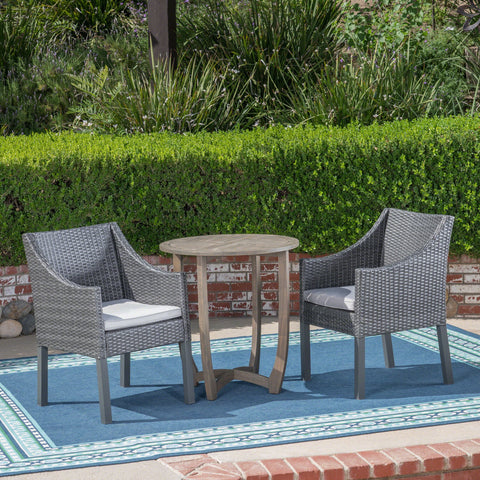 Naper Outdoor Acacia Wood and Wicker 3 Piece Bistro Set with Cushions, Gray and Light Gray