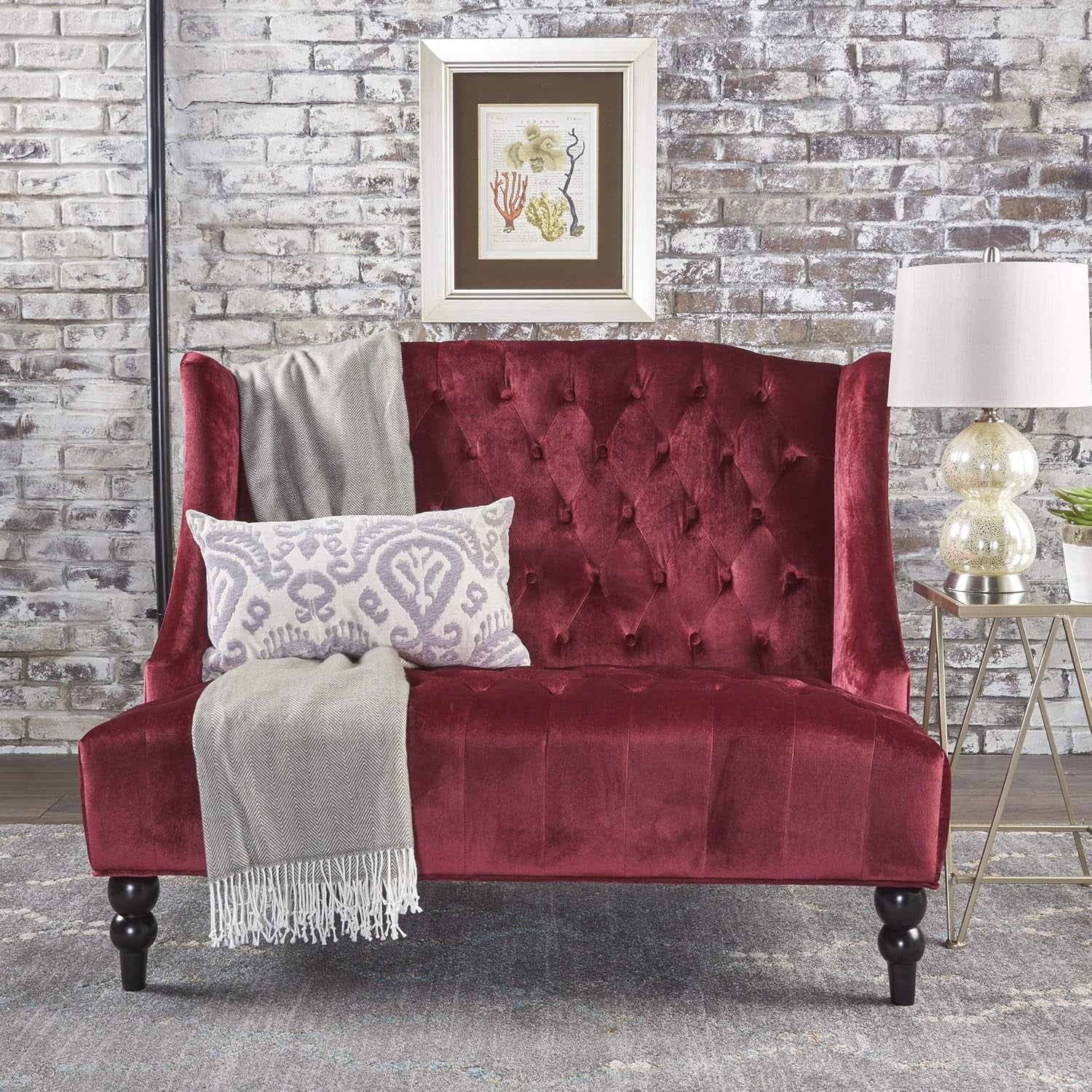 Christopher Knight Home  Leona Modern Glam Tufted Velvet Wingback Loveseat, Wine and Dark Brown, 34.00 ''D X 50.25‘’W X 38.50'' H