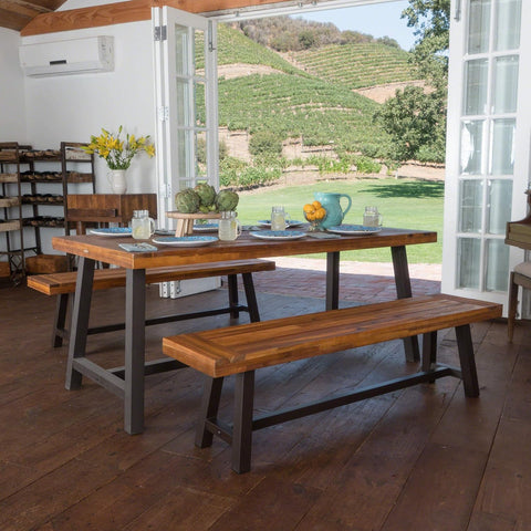 Bowman Wood Outdoor Picnic Table Set | Perfect for Dining, Brown + Black Rustic Metal