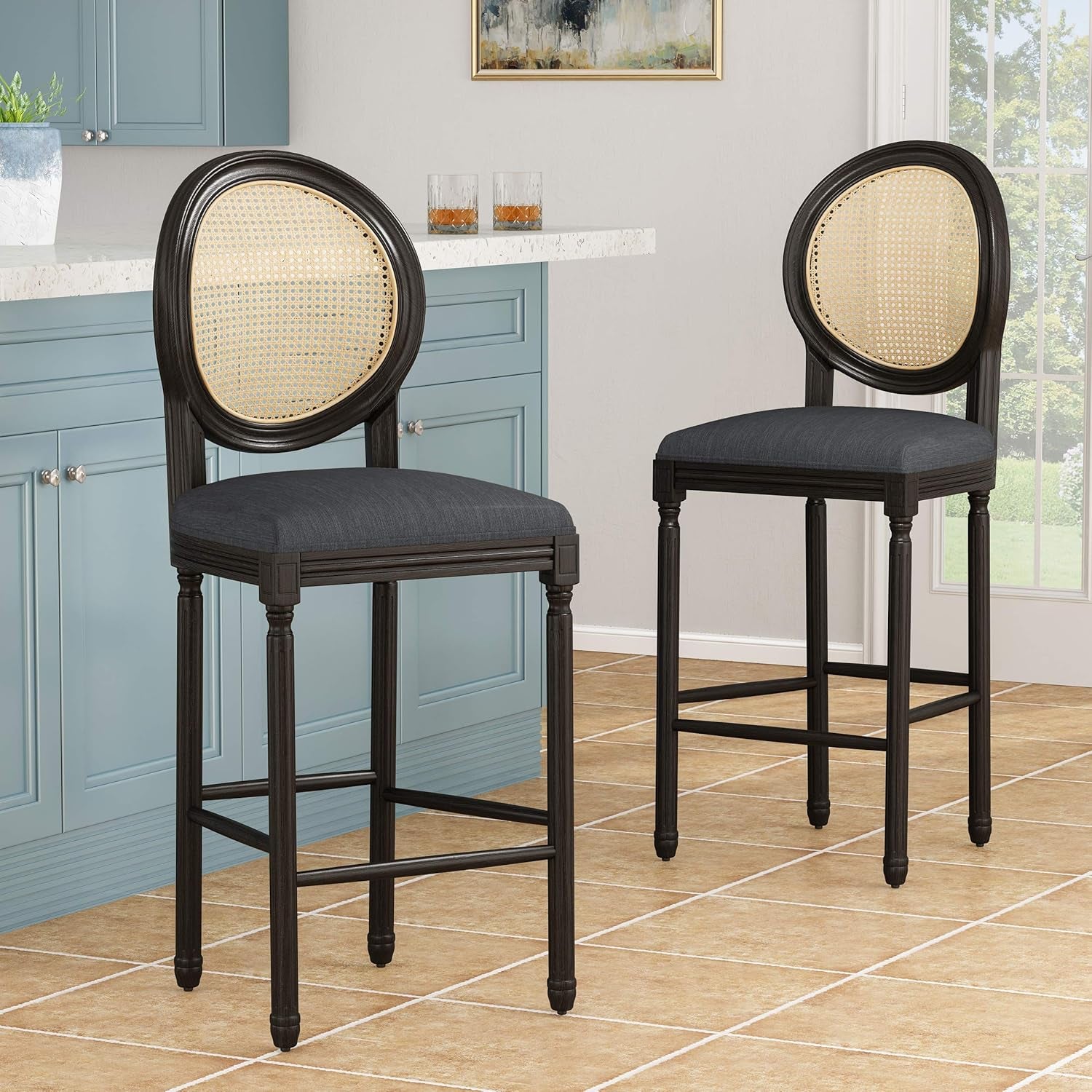 Cheney French Country Wooden Barstools with Upholstered Seating (Set of 2), Charcoal and Dark Brown