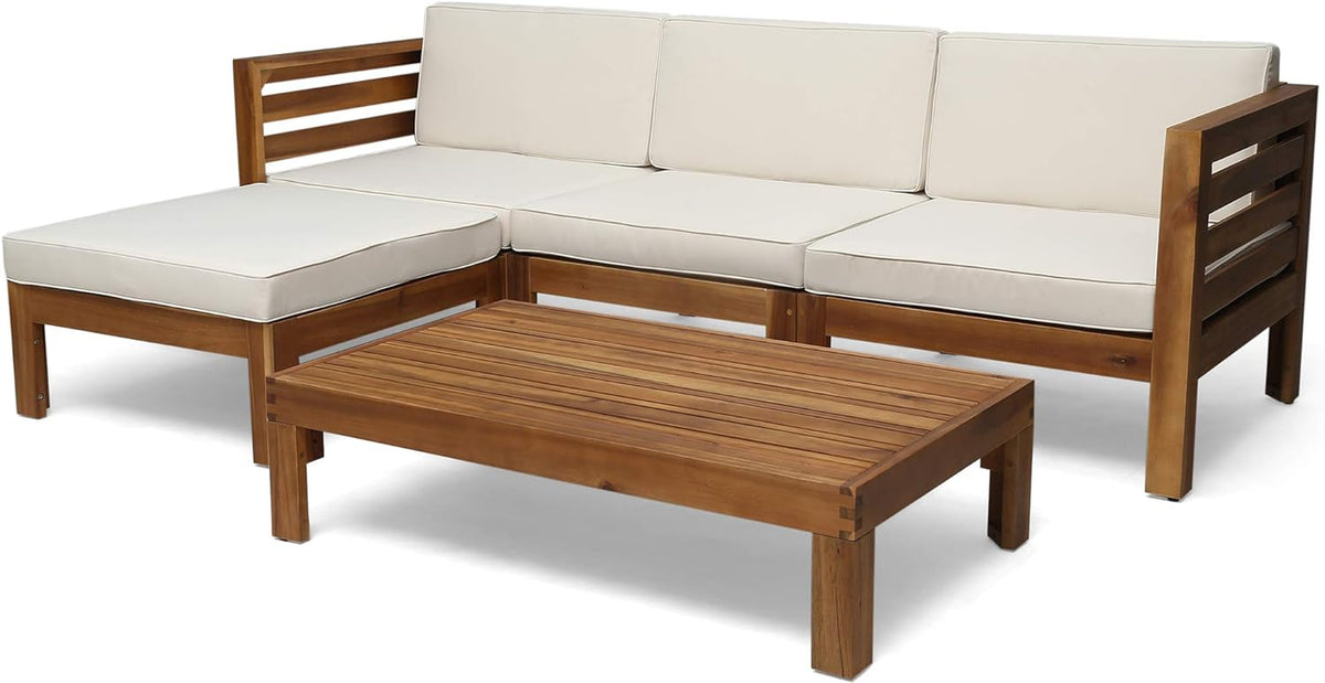 Alice Outdoor 5 Piece Acacia Wood Sofa Set, Teak Finish, Beige