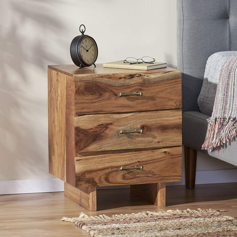 Terrell Handcrafted Boho Acacia Wood 3 Drawer Nightstand, Dark Natural