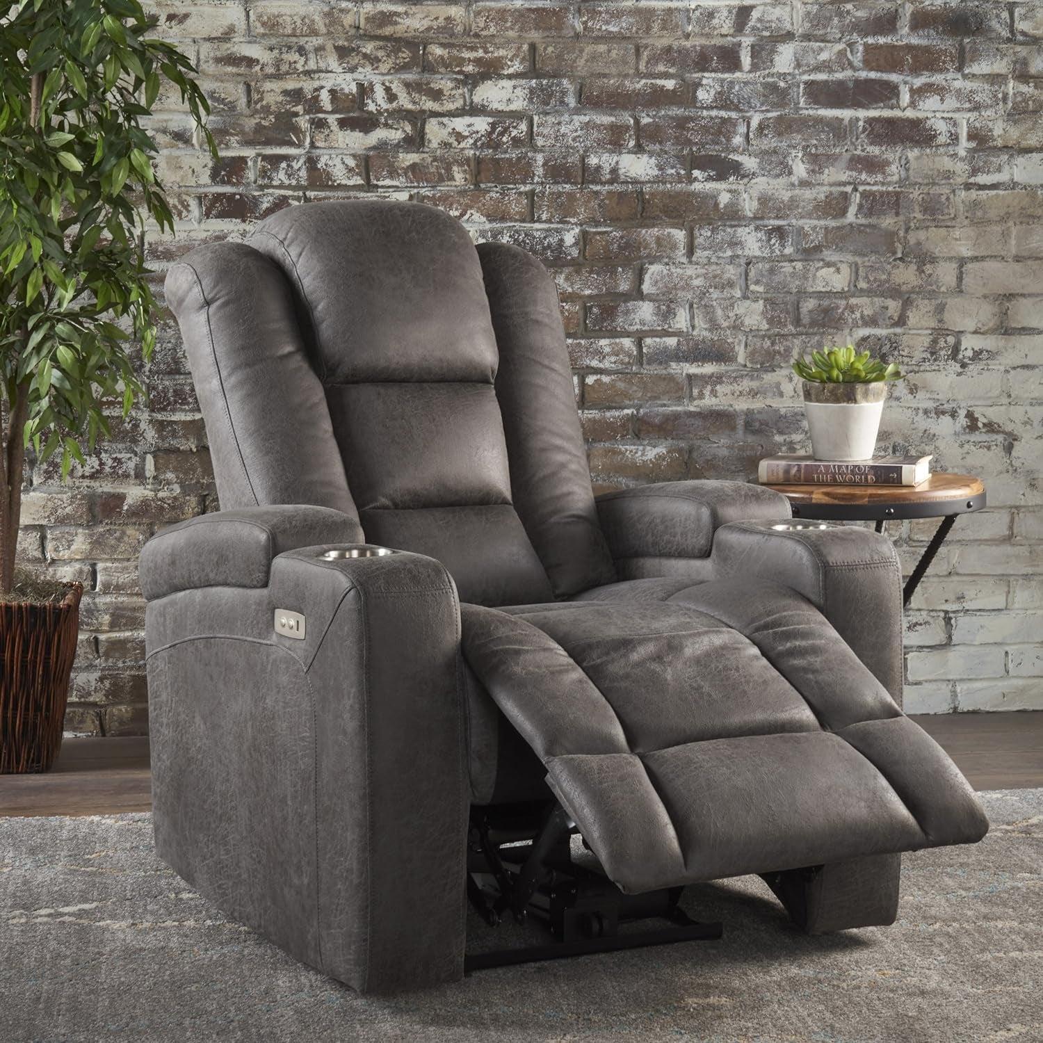 Emersyn Tufted Microfiber Power Recliner with Arm Storage and USB Cord, Slate / Black 38.75D X 33W X 41.75H In