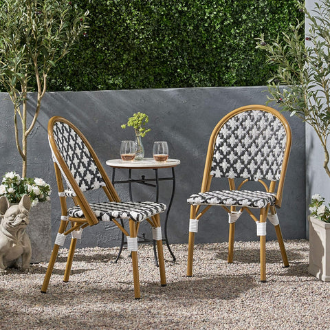 Anastasia Outdoor French Bistro Chair (Set of 2), Black + White + Bamboo Print Finish