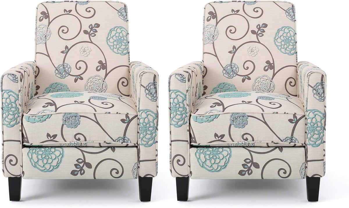 Emmie Fabric Recliner (Set of 2), Light Beige with Blue Floral, Dark Brown