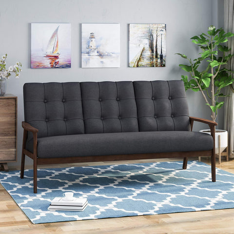 Athena Mid Century Waffle Stitch Tufted Accent Sofa with Rubberwood Legs-Black and Walnut Finish