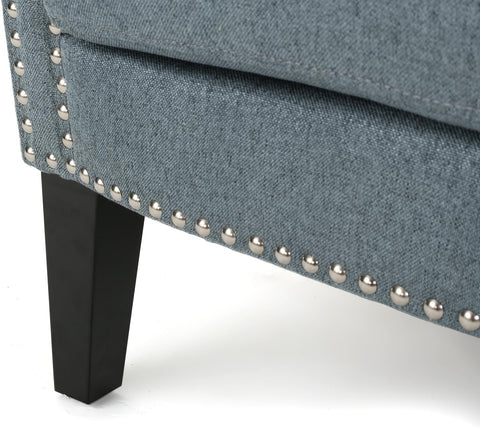 Brice Vintage Scroll Arm Studded Fabric Club Chair, Steel Blue / Dark Brown